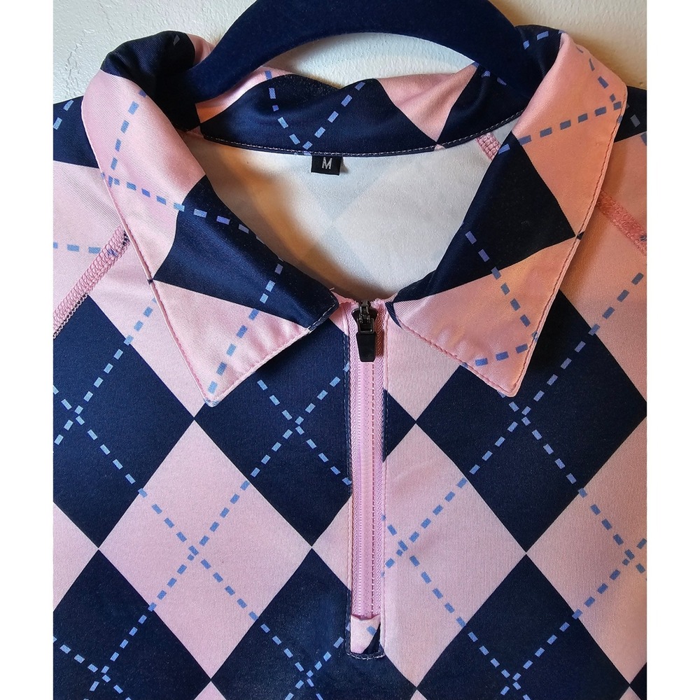 Womens‎ Pink Navy Argyle Quarter Zip Golf Polo Shirt Short Sleeve Active Top M - Picture 3 of 4